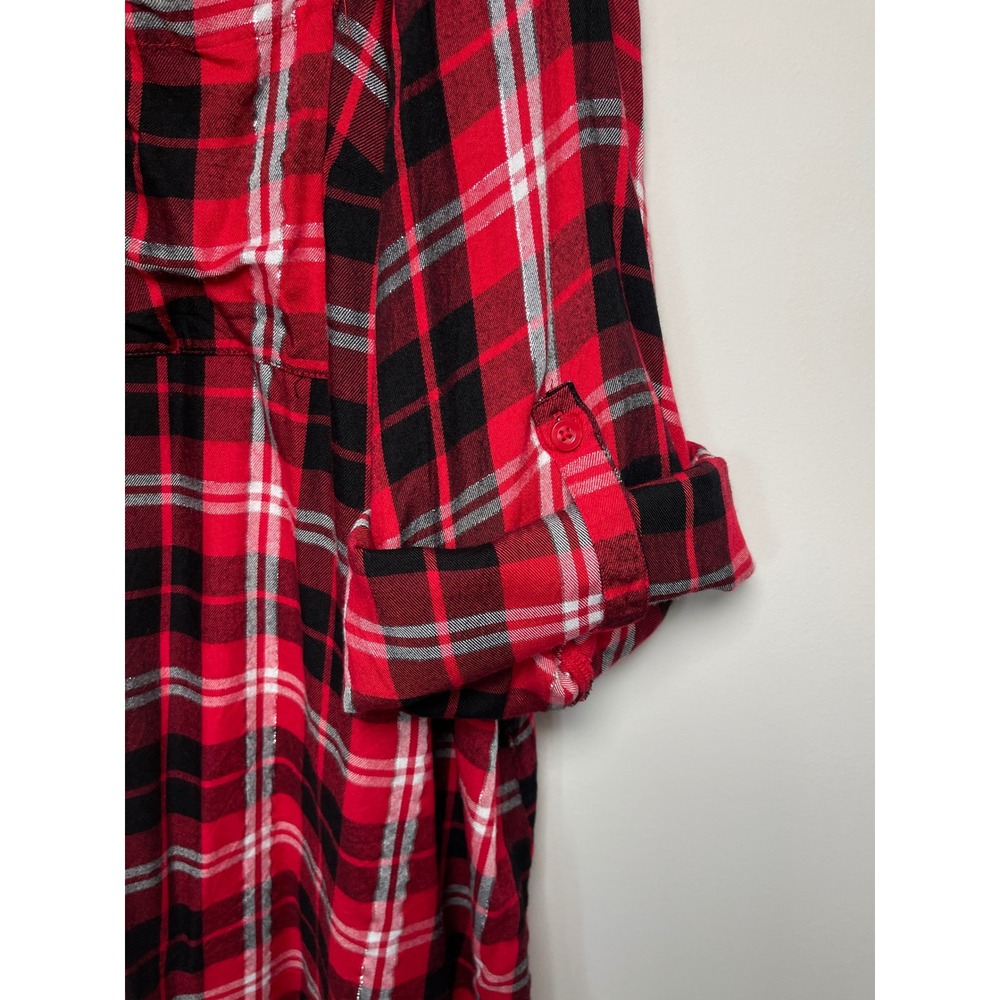 Lane Bryant Red Black Plaid Metallic Roll Tab Sleeve Button Front Shirt 26/28 - Picture 4 of 9